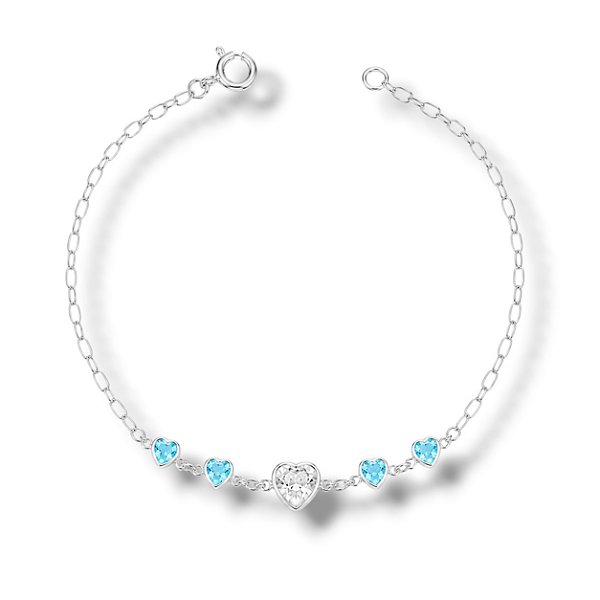 Pulseira de Prata Coração Cristal e Azul