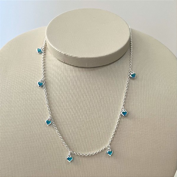 Choker de Prata Corações Azul Bebê 45 cm