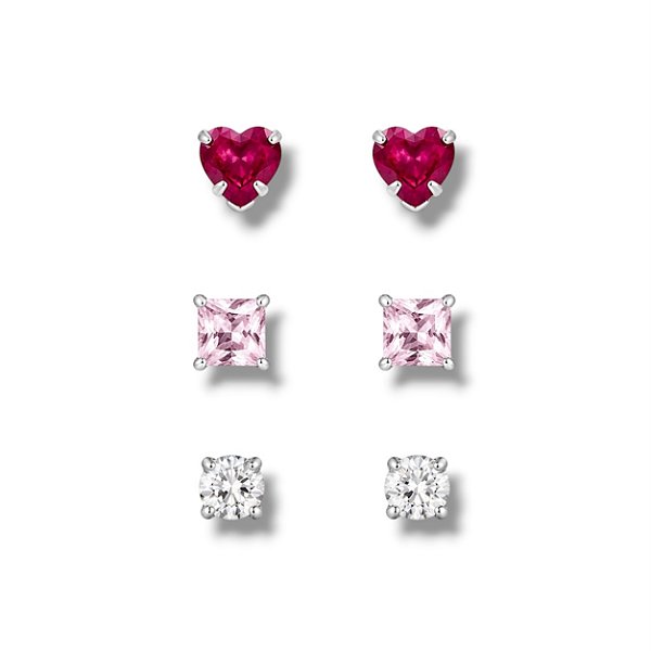 Trio de Prata Corações Pink Rosa Cristal