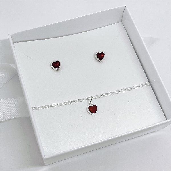 Kit de Prata Coração Vermelho + Caixinha de Presente