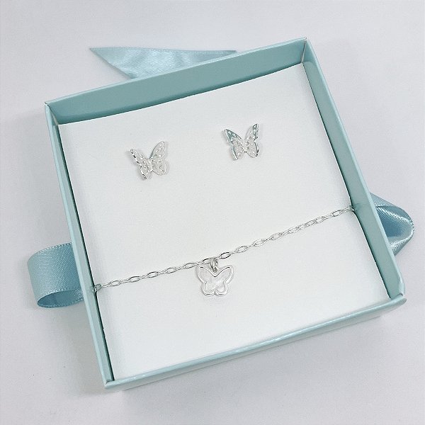 Kit de Prata Brincos e Pulseira Borboleta + Caixinha de Presente