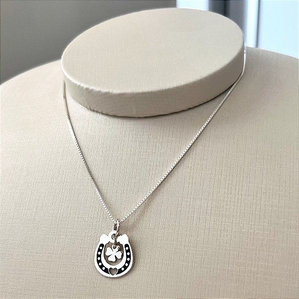 Colar de Prata Ferradura e Trevo 40 cm