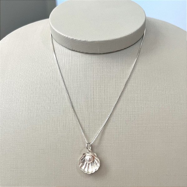Colar de Prata Concha com Pérola 40 cm