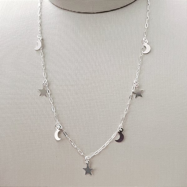 Choker de Prata Luas e Estrelas