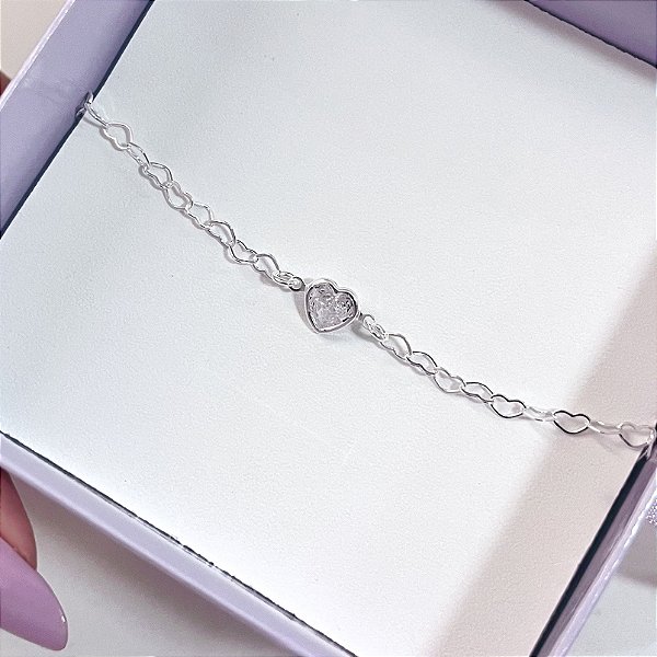 Pulseira de Prata Elo de Corações com Coração Zircônia Cristal
