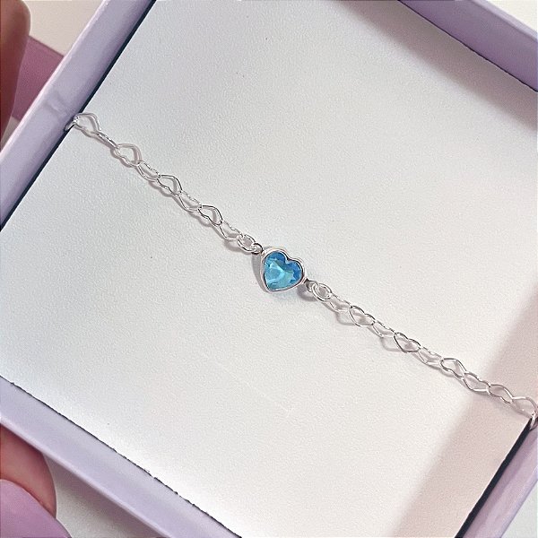 Pulseira de Prata Elo de Corações com Coração Zircônia Azul