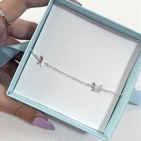 Pulseira de Prata Três Borboletas Origami Espaçadas