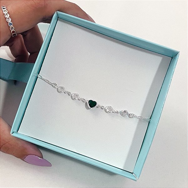 Pulseira de Prata Coração Cristal e Redondos Verde