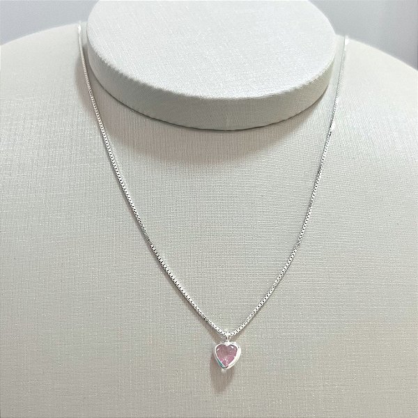 Colar de Prata Coração Rosa Bebê Embutido