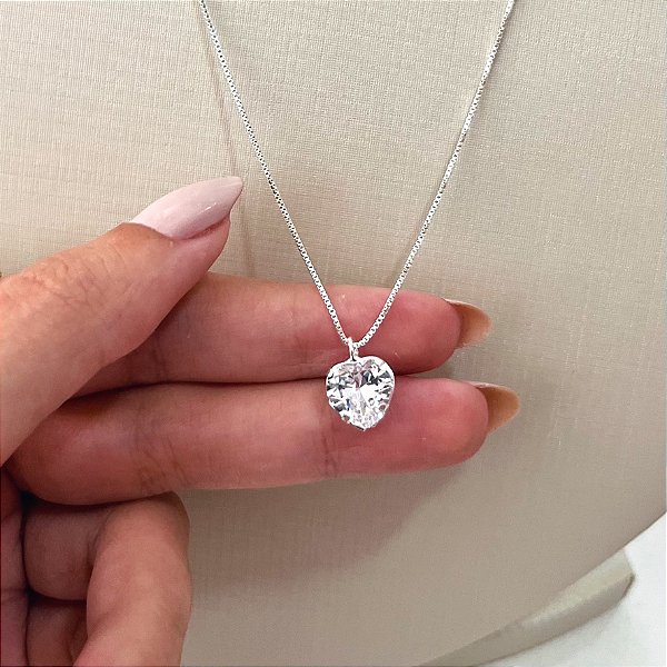 Colar de Prata Coração Zircônia Caixa Alta 45 cm
