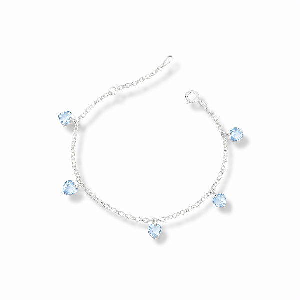 Pulseira de Prata Corações Azuis Espaçados