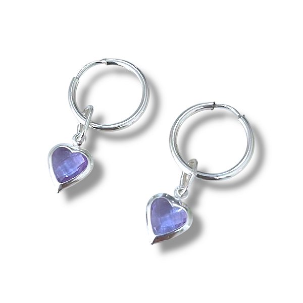 Argola de Prata Coração Pendurado Lavanda