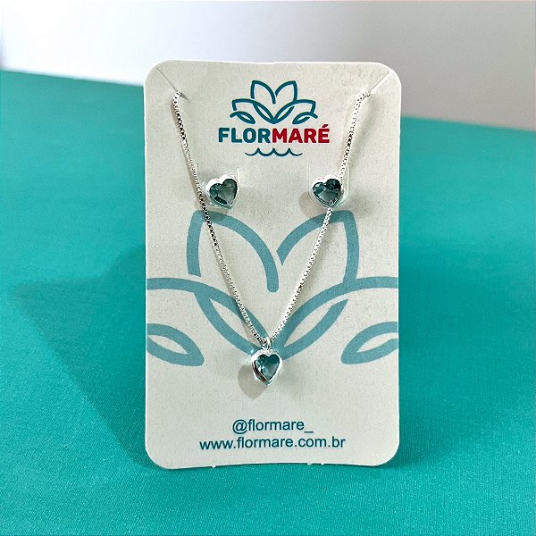 Conjunto de Prata Coração Azul Bebê Claro 40 cm