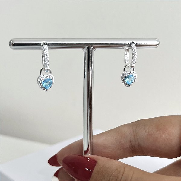 Argola de Prata Articulada Cravejada Coração Azul Bebê