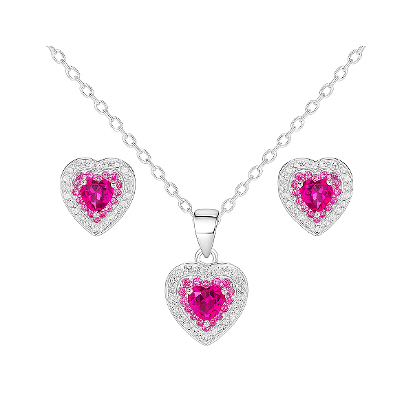 Conjunto de Prata Coração Cravejado Pink