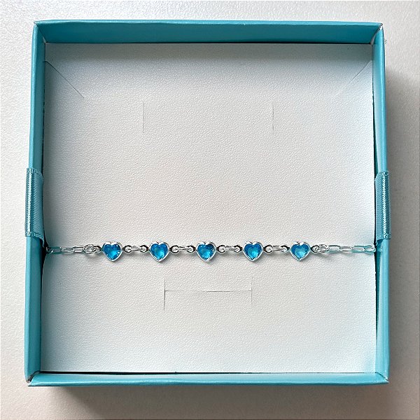 Pulseira de Prata Cinco Corações Azuis