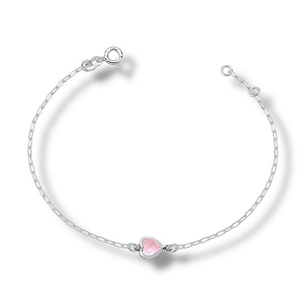 Pulseira de Prata Ponto de Luz Coração Rosa