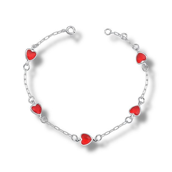 Pulseira de Prata Cinco Corações Vermelhos