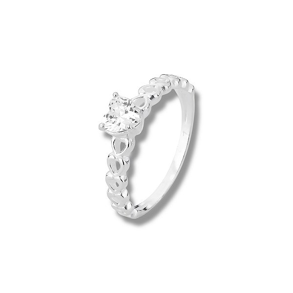 Anel Solitário de Prata Coração Cristal Aro Trabalhado