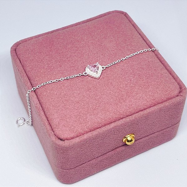 Pulseira de Prata Coração Rosa Bebê Contorno Cravejado
