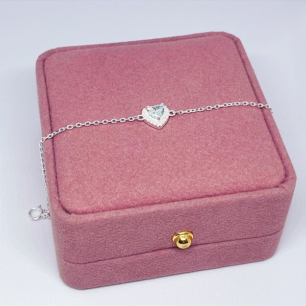 Pulseira de Prata Coração Azul Bebê Contorno Cravejado