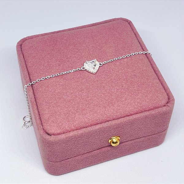 Pulseira de Prata Coração Cristal Contorno Cravejado