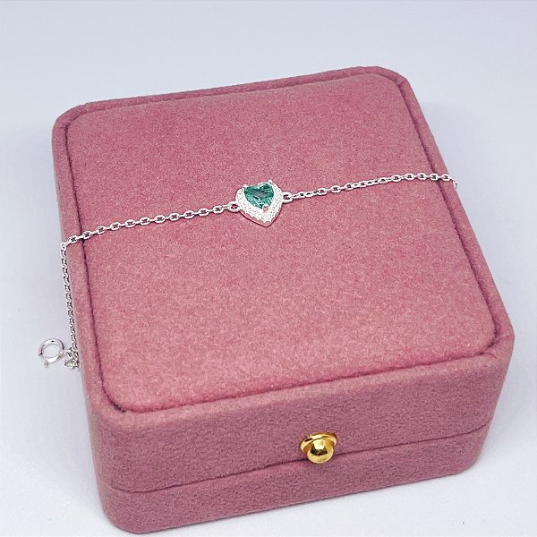 Pulseira de Prata Coração Turquesa Contorno Cravejado