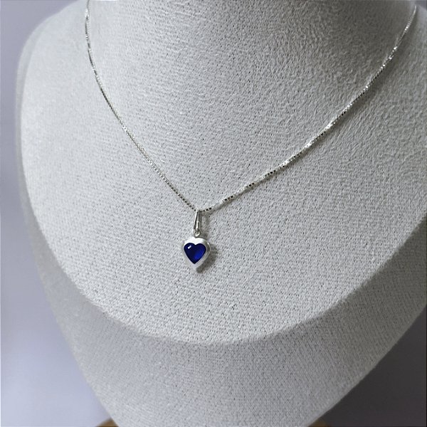 Colar de Prata Coração Azul Marinho 40 cm