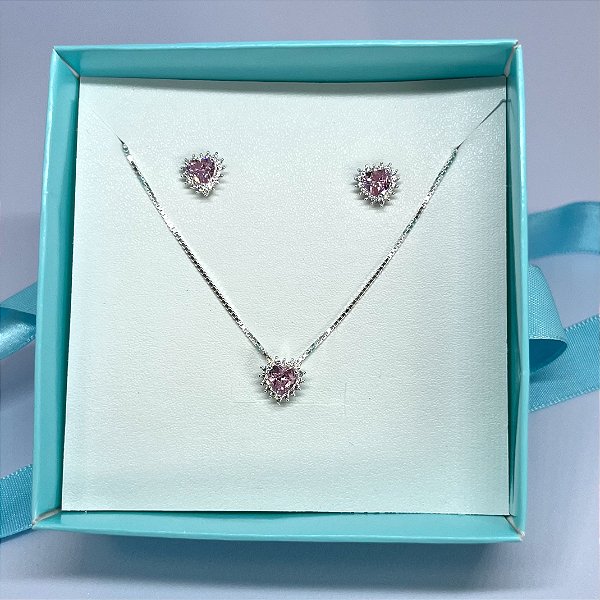 Conjunto de Prata Coração Cravejado Rosa 40 cm