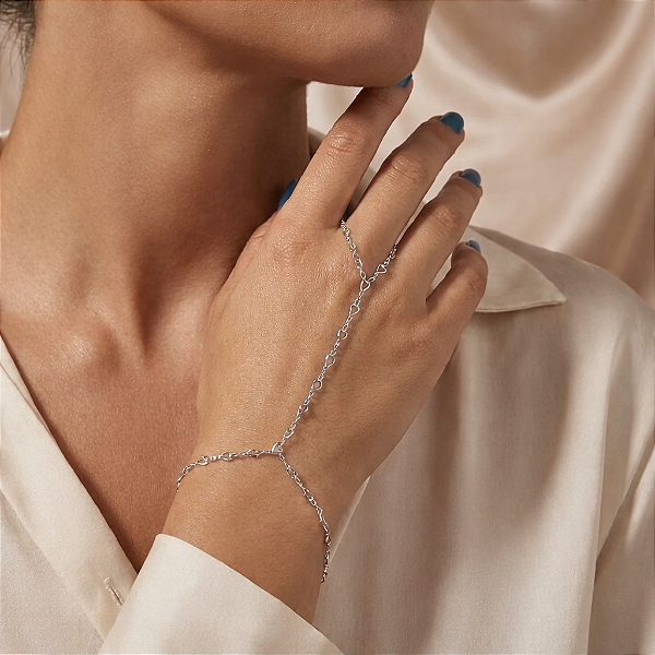 Pulseira de Prata Hand Chain Jade Elo de Corações