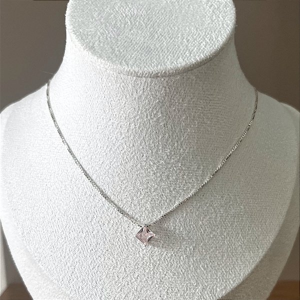 Colar de Prata Pingente Quadrado Rosa Bebê 45 cm