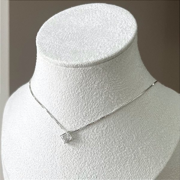 Colar de Prata Pingente Quadrado Cristal 45 cm