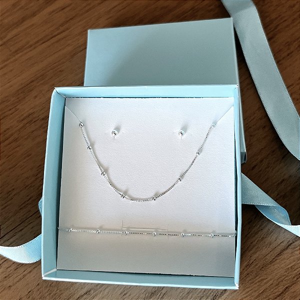 Kit de Prata Brinco Bolinha + Corrente + Pulseira + Caixinha de Presente