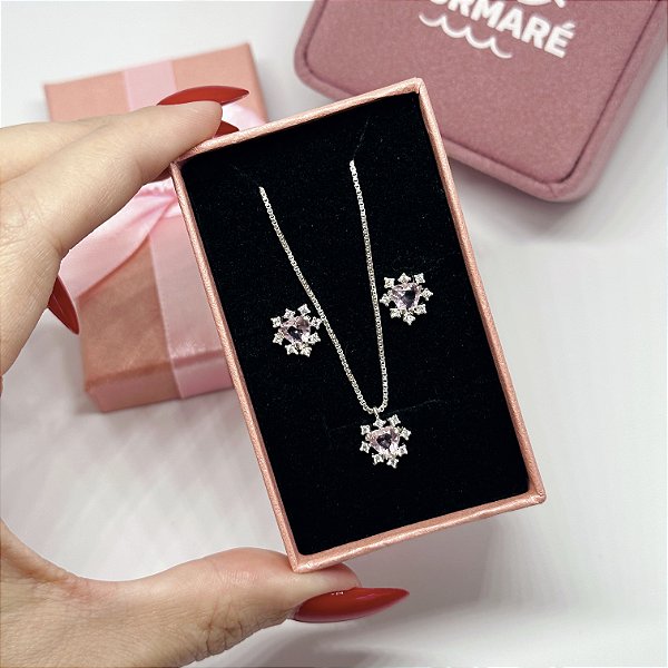 Conjunto de Prata Coração Floquinho Rosa Bebê 45 cm v12