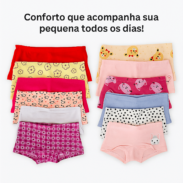 Kit 6 Calcinhas Boxer Infantil – Maciez, Conforto e Caimento Perfeito para sua Princesinha!