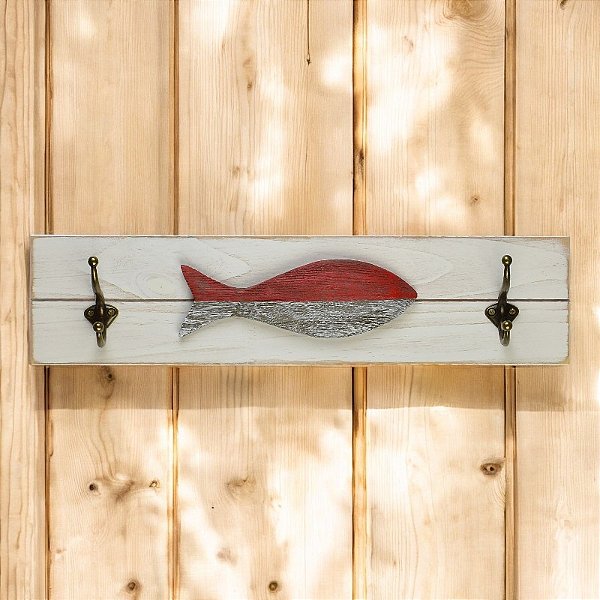 Cabideiro de Parede Grande Peixe Rústico Vermelho e Branco