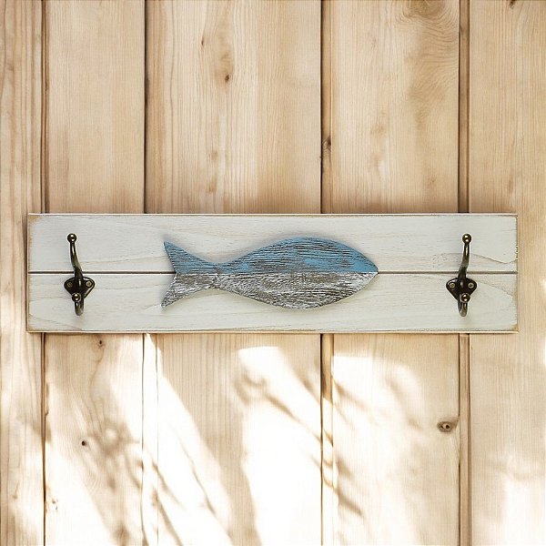 Cabideiro de Parede Grande Peixe Rústico Azul e Branco