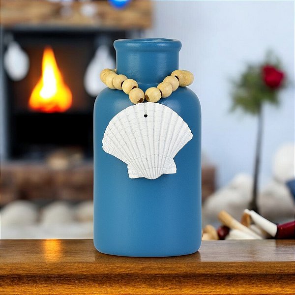 Enfeite Vaso Azul com Concha em Cerâmica