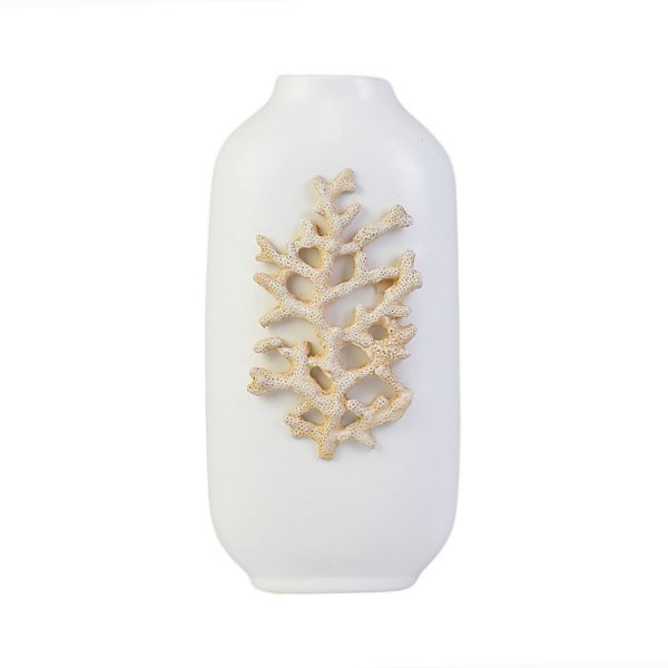 Vaso Branco com Coral em Resina em Cerâmica
