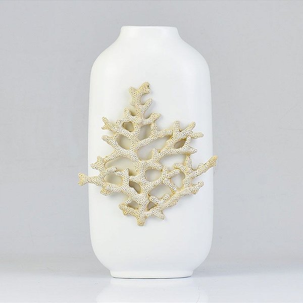 Vaso Branco com Coral em Resina em Cerâmica