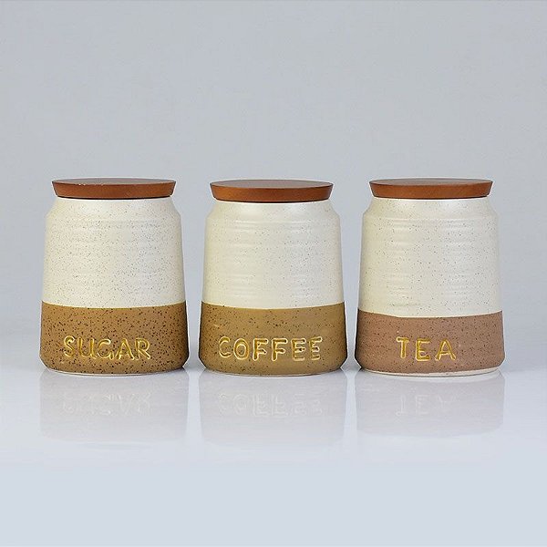 Jg c/3 Potes Sugar, Tea, Coffee Branco e Marrom em Cerâmica