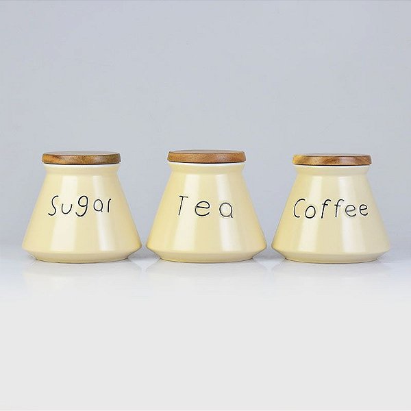 Jg c/3 Potes Sugar, Tea, Coffee 14 cm em Cerâmica