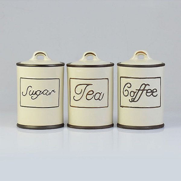 Jg c/3 Potes Sugar, Tea, Coffee 16 cm em Cerâmica