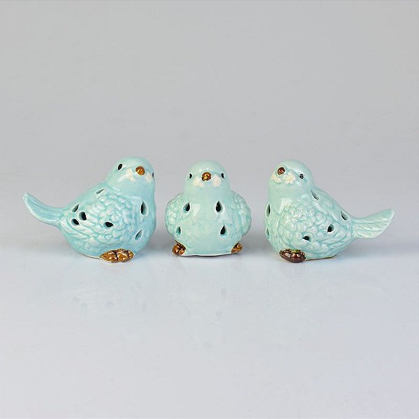 Jg c/3 Pássaros Furados Azuis em Cerâmica
