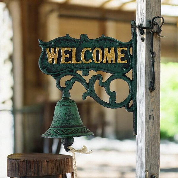 Sino Rústico de Parede Welcome em Ferro