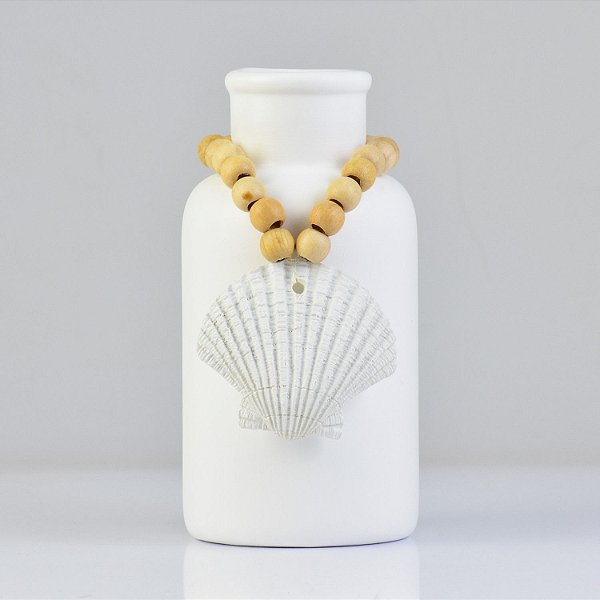 Enfeite Vaso Branco Com Concha em Cerâmica
