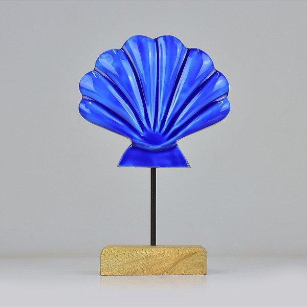 Enfeite Concha Azul no Pedestal em Madeira 23x15x5 cm