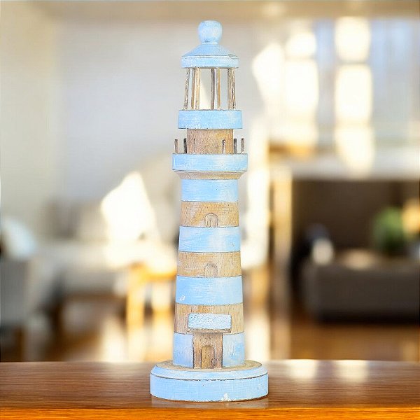 Enfeite Farol 40cm Azul Bebê em Madeira