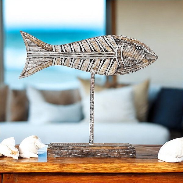Enfeite Pedestal Peixe 29cm em Madeira