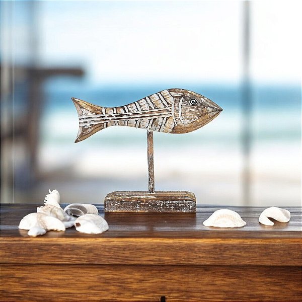 Enfeite Pedestal Peixe 20cm em Madeira